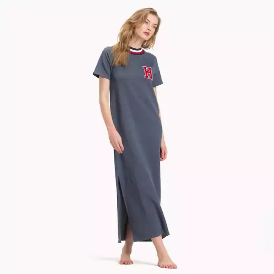 Šedomodré športové šaty Modern Stripe Terry Long Dress