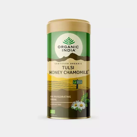 Bio čajová zmes Tulsi Med + Heřmánek, plech – Organic India